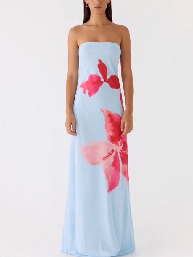 Light Blue Floral Strapless Maxi Dress