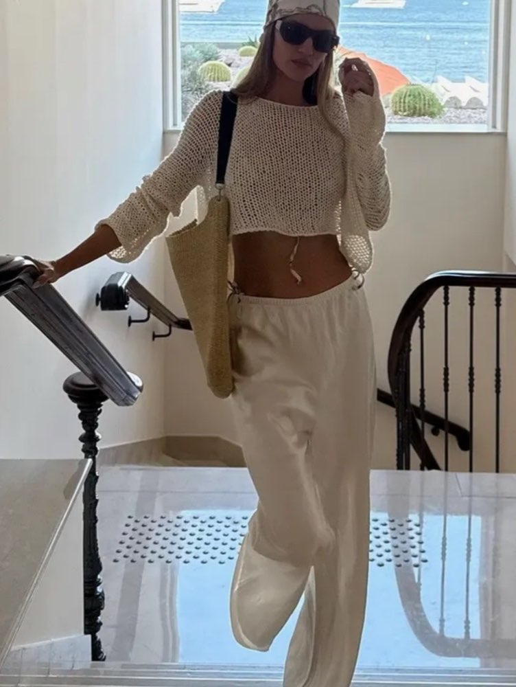 Cream Wide-Leg Knit Pants