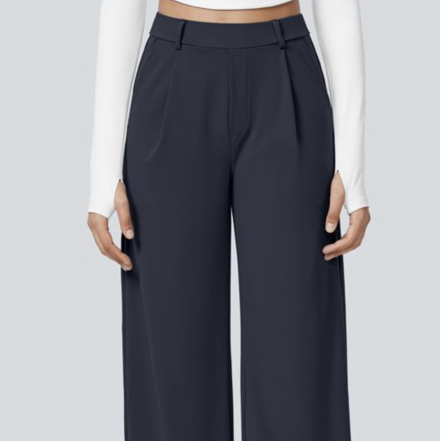 Halara Navy Pleated Wide-Leg Trousers