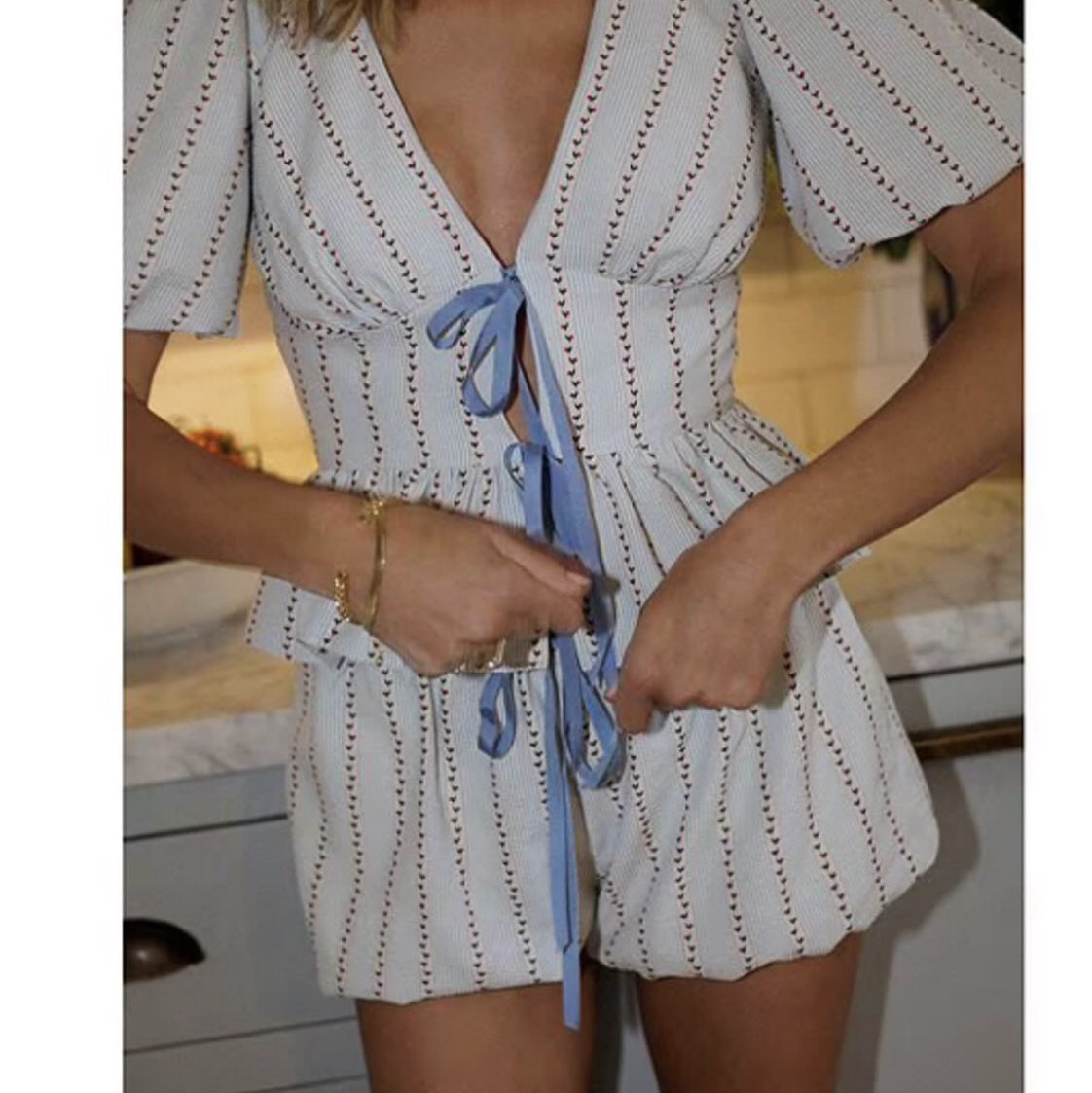 Striped Puff Sleeve Tie-Front Romper