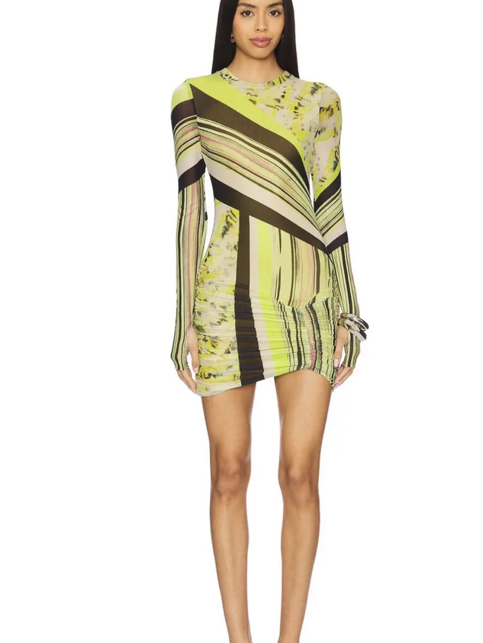 Abstract Striped Mesh Ruched Mini Dress