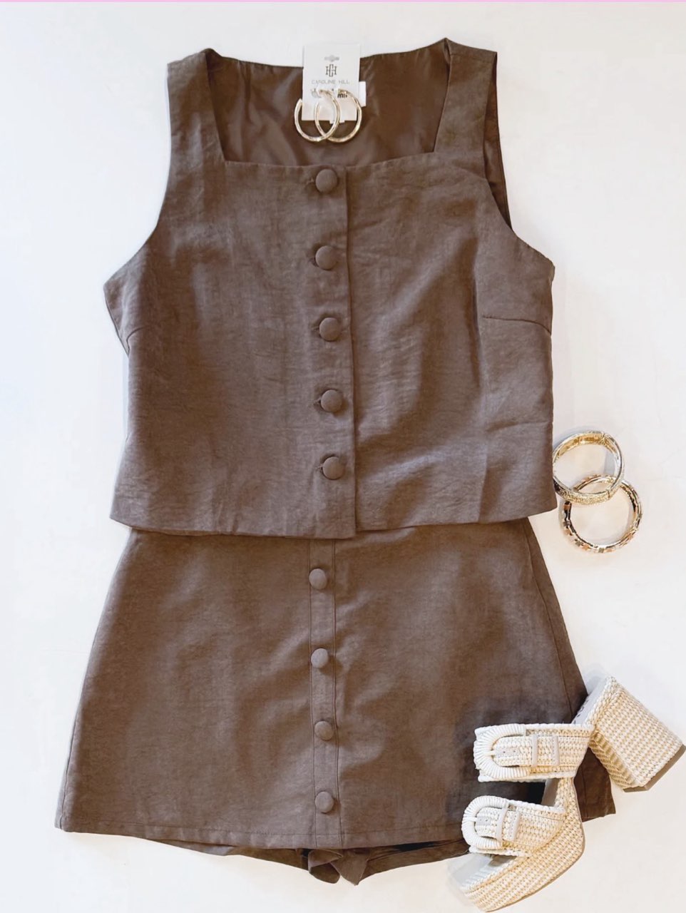 Brown Button-Front Crop Top and Skort Set
