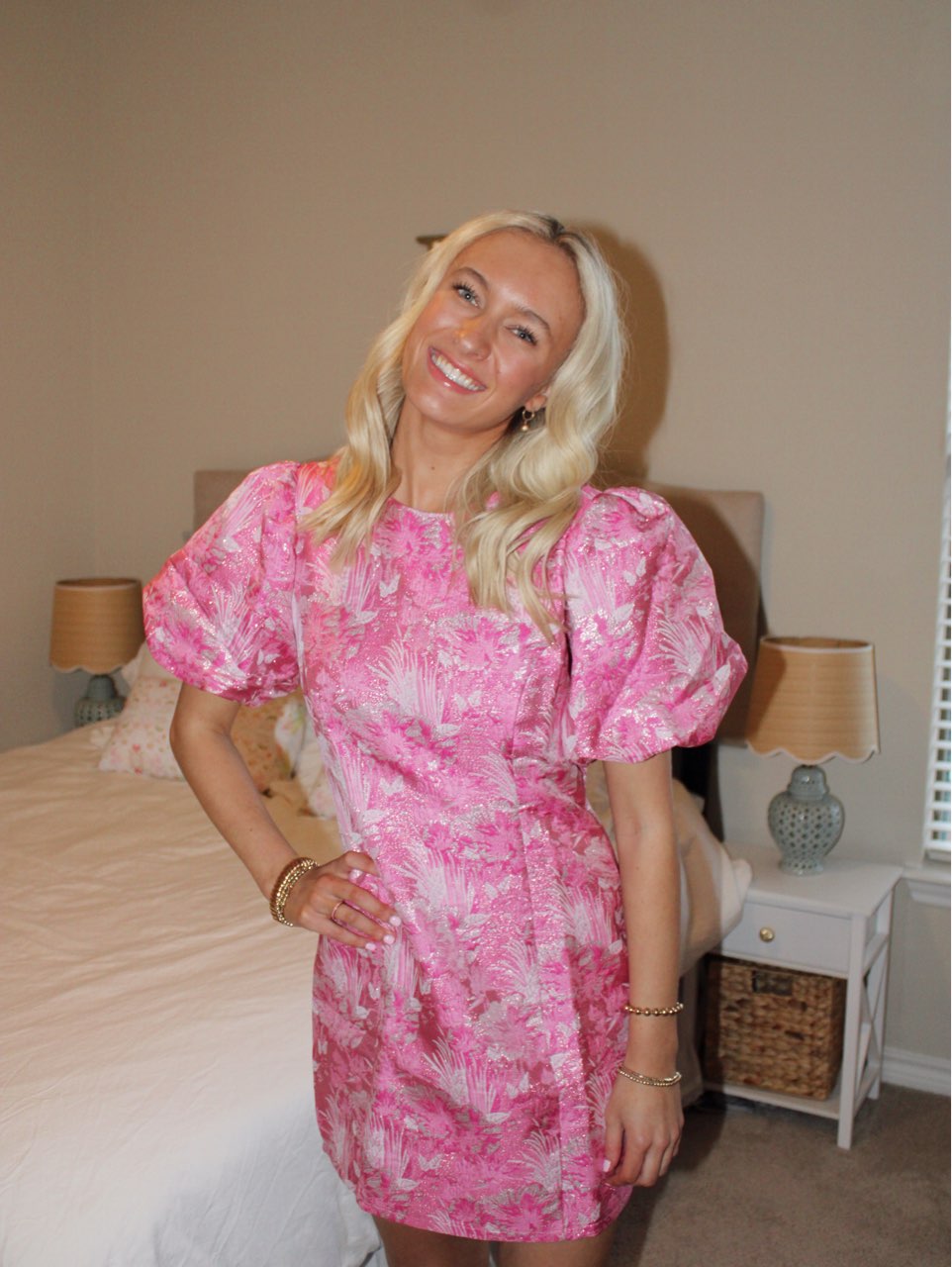 Pink Puff Sleeve Mini Dress