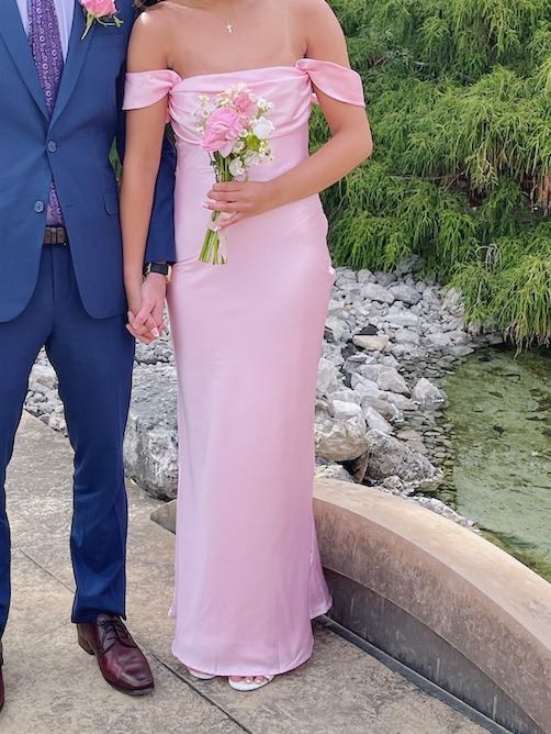 light pink off the shoulder formal maxi dress