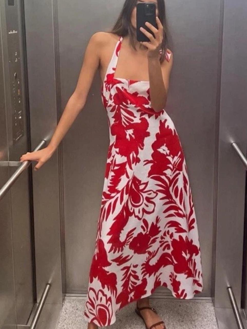 Red Floral Linen Dress