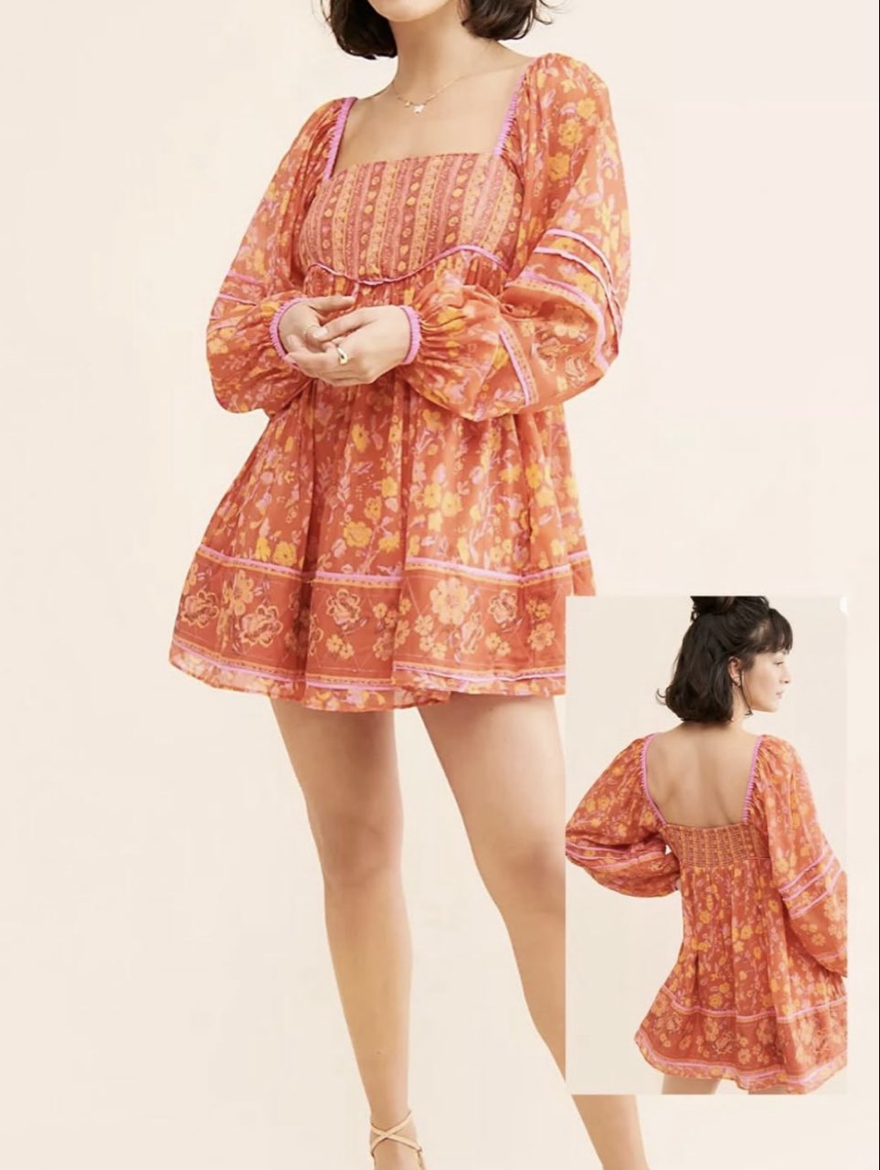 Rust Floral Square-Neck Mini Dress