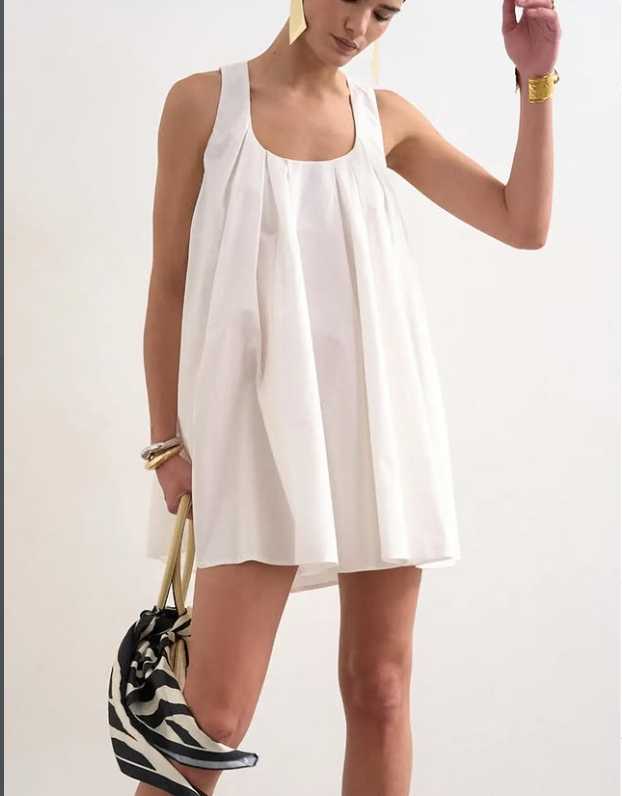 White Pleated Babydoll Mini Dress