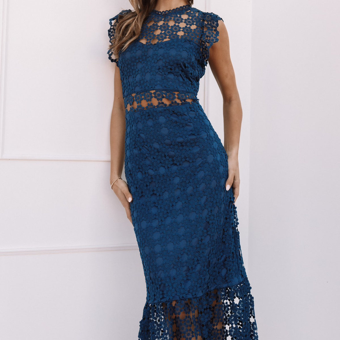 Petal and Pup Navy Blue Lace Cutout Midi Dress