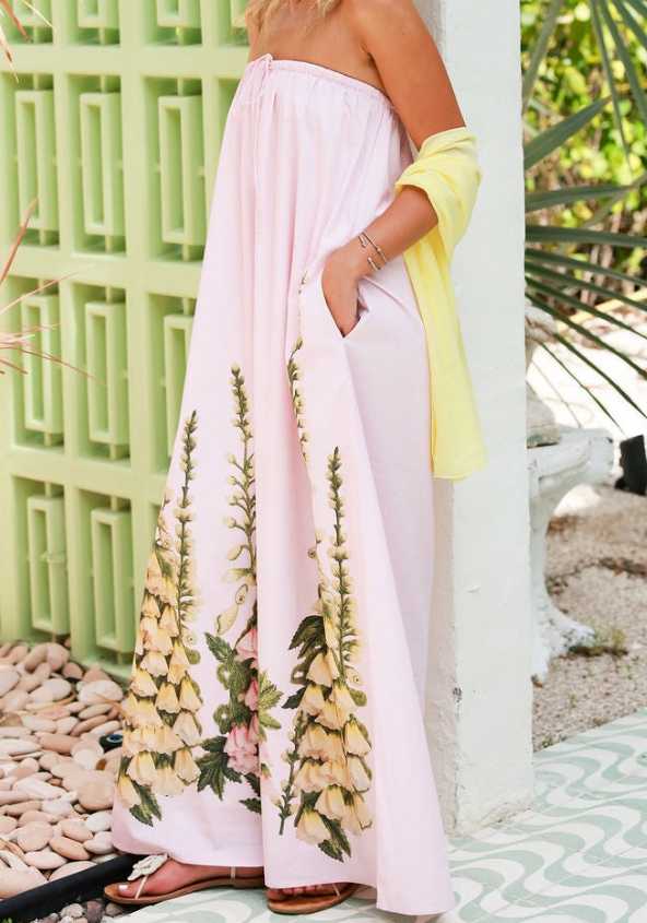 Pink Floral Strapless Maxi Dress
