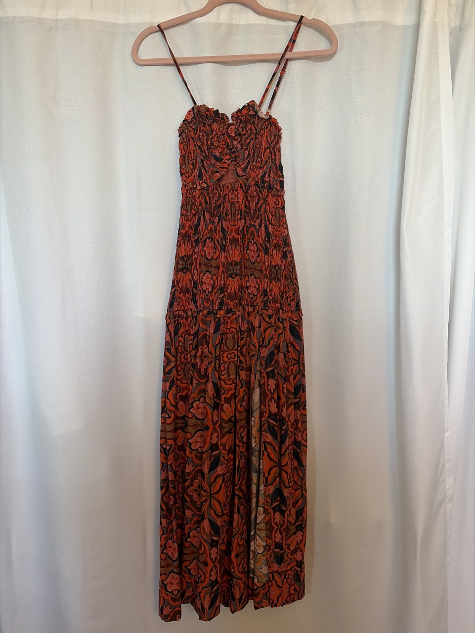 Rust Multi-Print Smocked Midi Dress