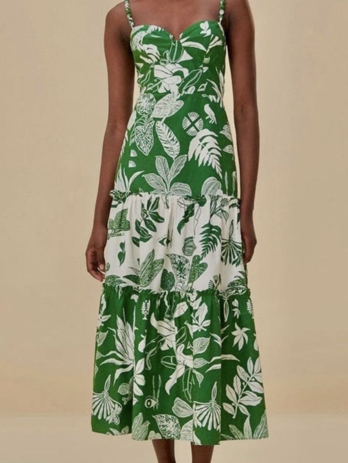 Forest Soul Mix Midi Dress Tropical Green White Tiered