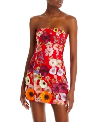 Red Floral Strapless Mini Dress