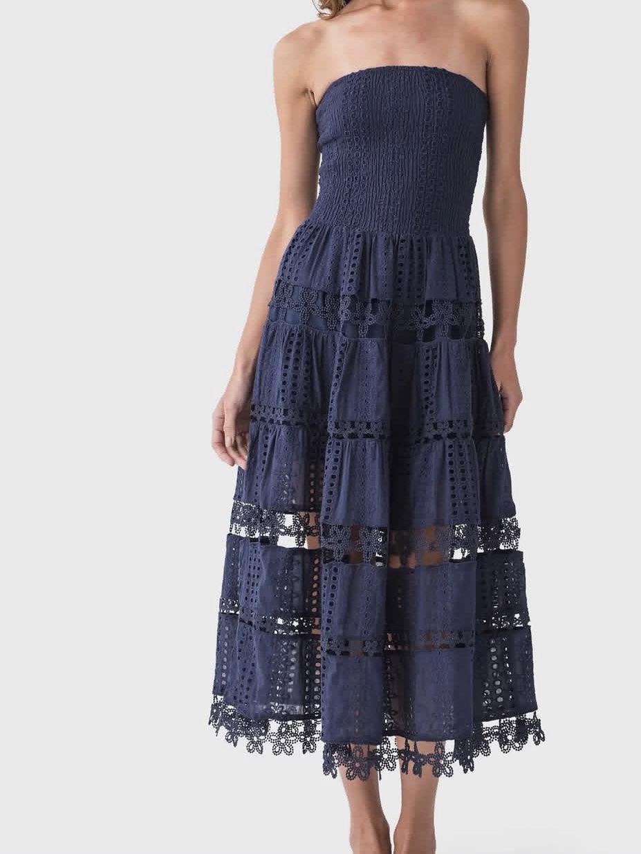 Navy Strapless Lace Midi Dress