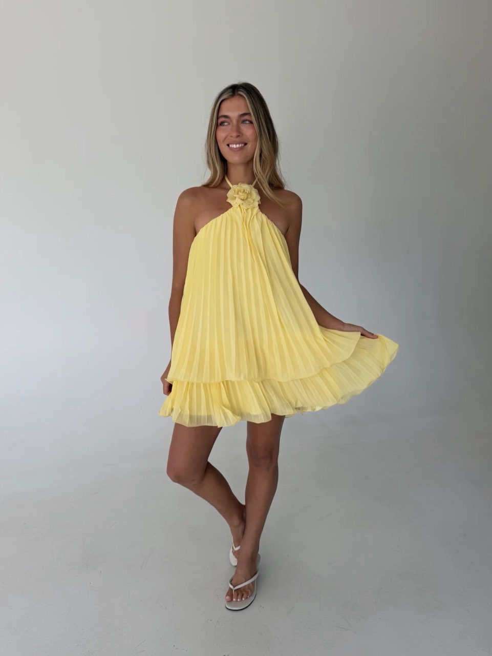 Sarah Halter Pleated Mini Dress- Lemon