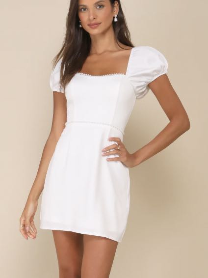 Adorable Poise White Pearl Puff Sleeve Mini Dress