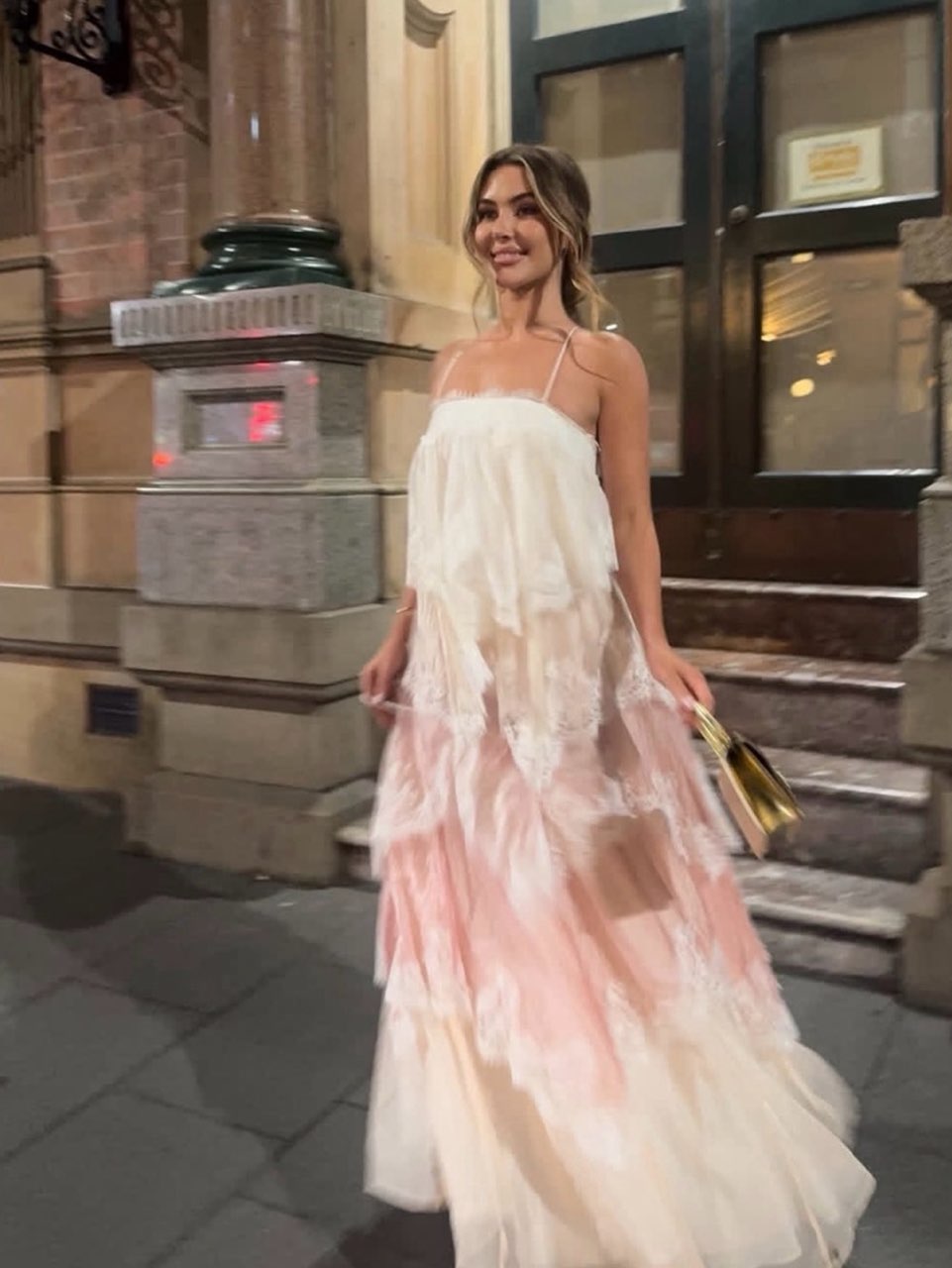 White and Pink Tiered Lace Maxi Dress