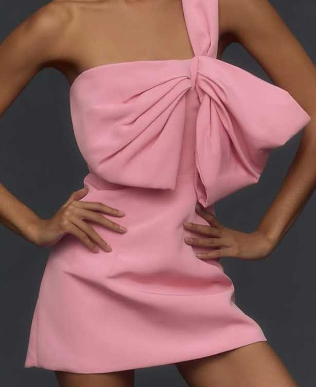 Pink One-Shoulder Bow Mini Dress
