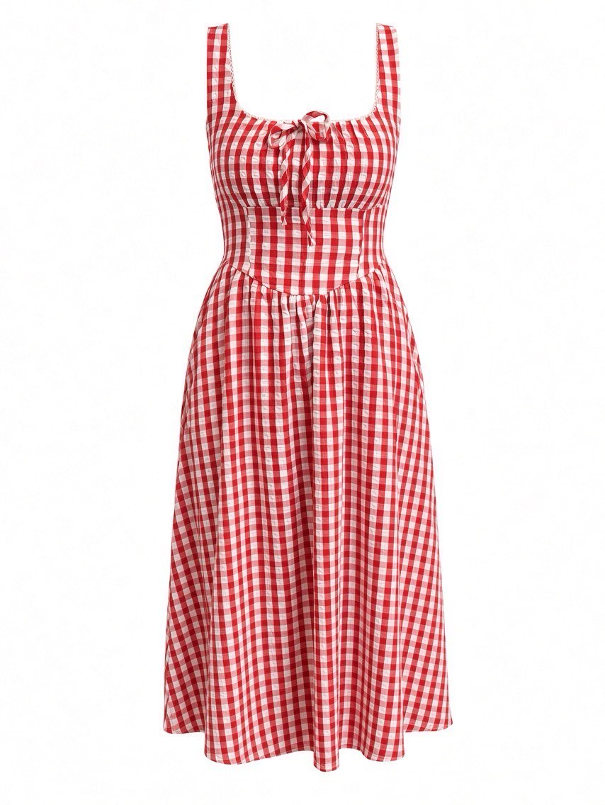 Red Gingham Tie-Front Midi Dress