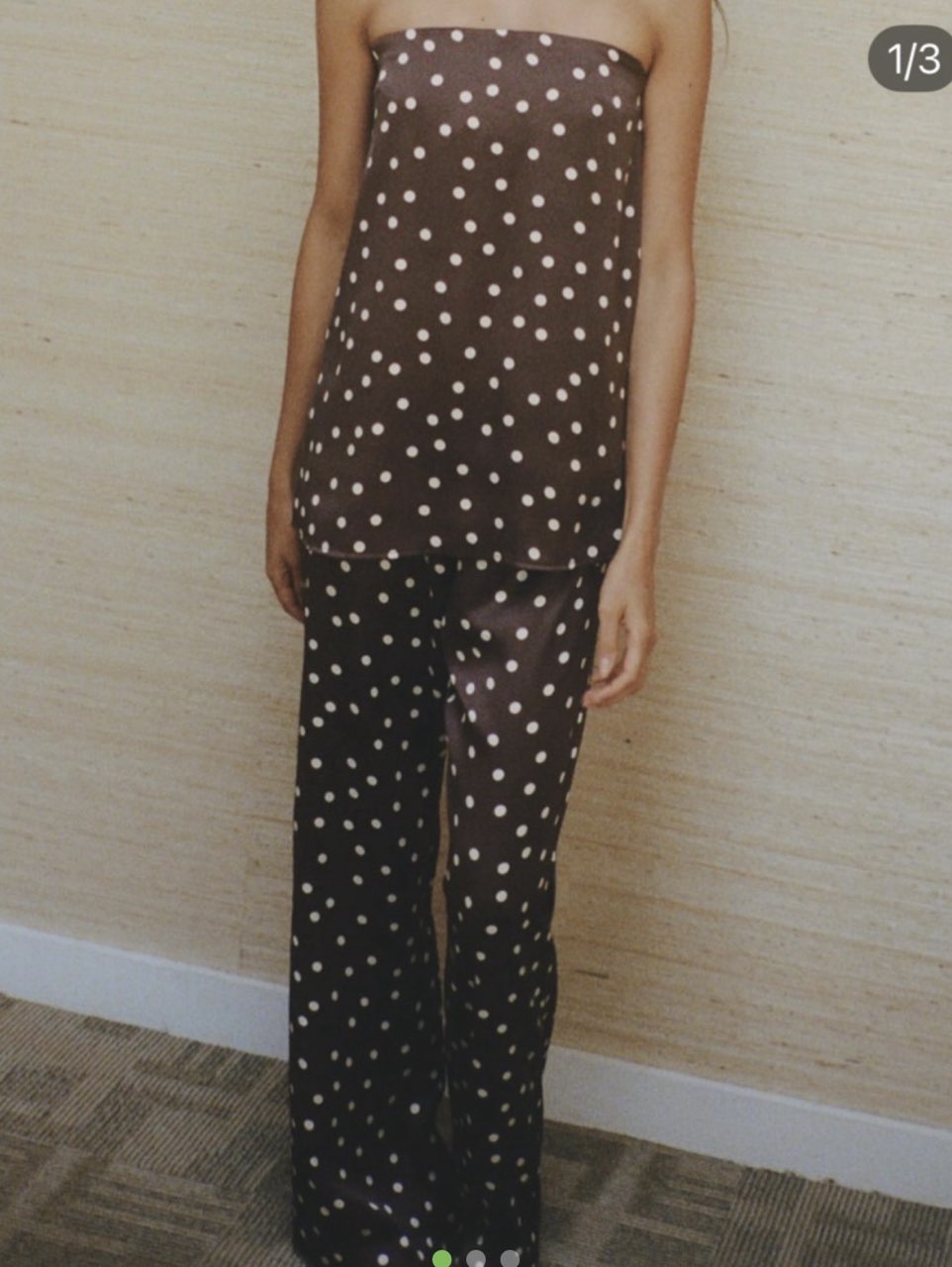Brown Polka Dot Strapless Top & Wide-Leg Pants Set
