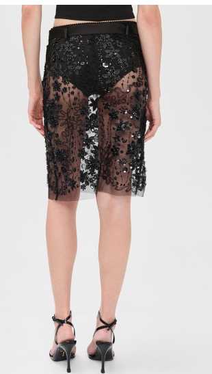 Black Sheer Floral Embellished Midi Skirt