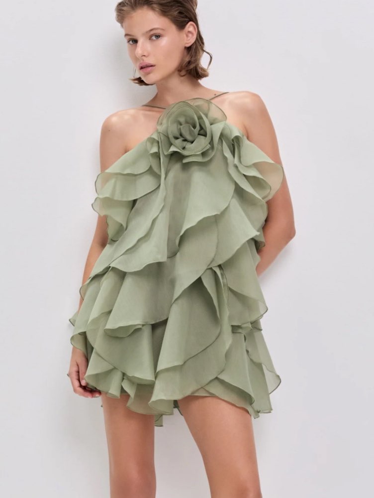Sage Green Ruffled One-Shoulder Mini Dress