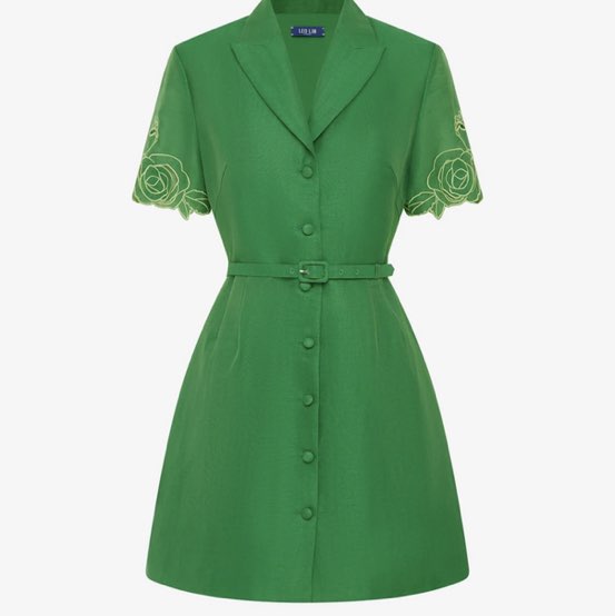 LEO LIN Emerald Green Collared Mini Dress with Rose Embroidery