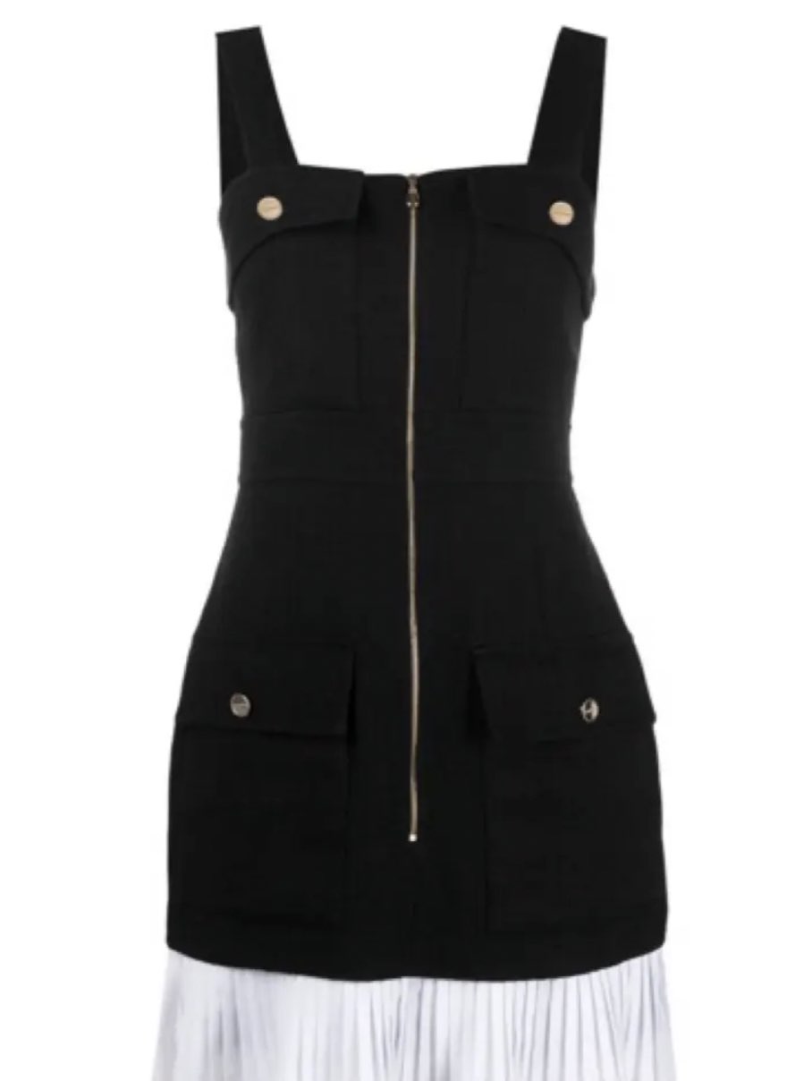 Black Zipper Front Mini Dress with Pleated Hem