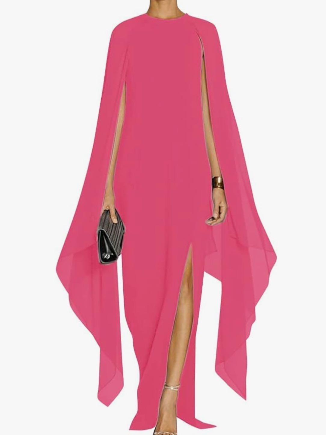 MAYFASEY Women's Elegant High Split Flare Sleeve Formal Evening Gowns Maxi Dress with Cape