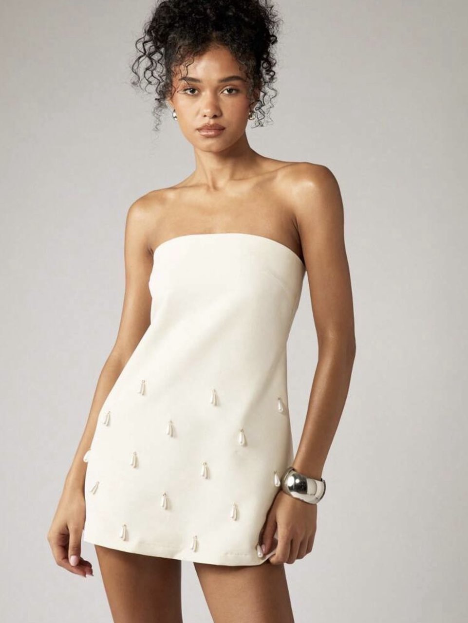 Strapless Mini Dress with Dangling Pearls