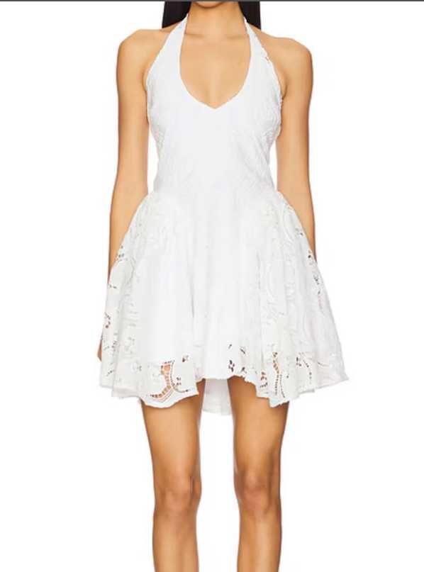 White Halter Neck Eyelet Mini Dress