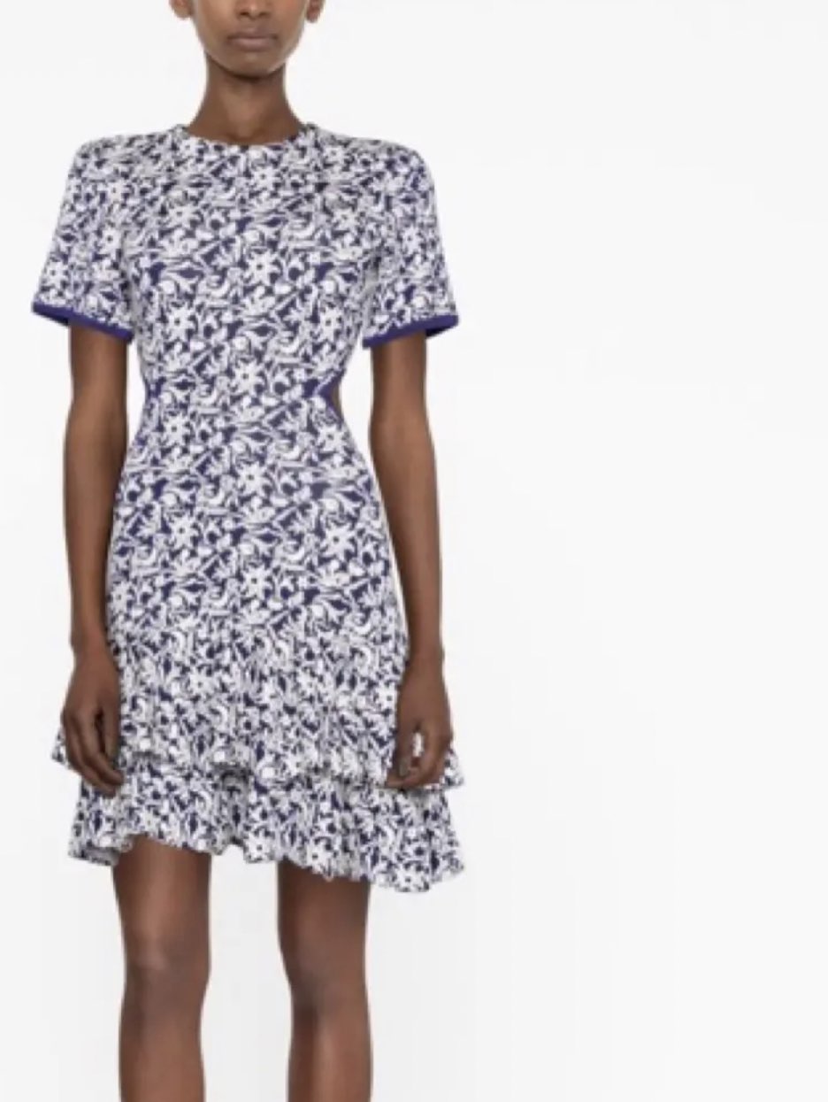 Navy and White Floral Cut-Out Ruffle Mini Dress