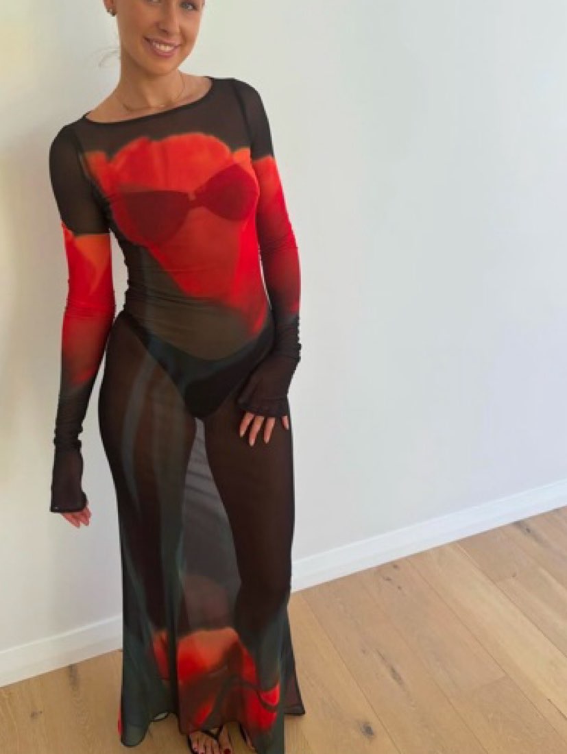 Abstract Print Sheer Mesh Maxi Dress