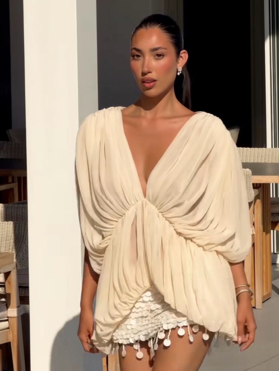 Cream Draped V-Neck Blouse
