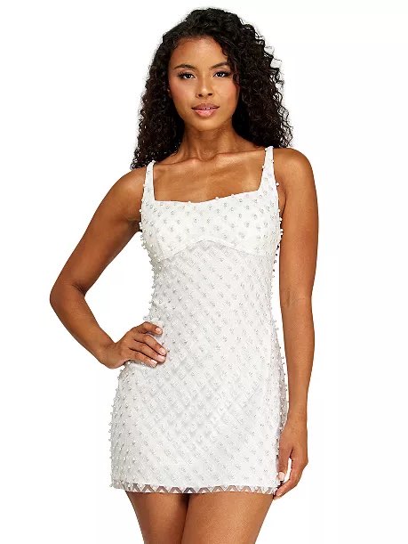 Square Neck Pearl Mesh Mini Dress