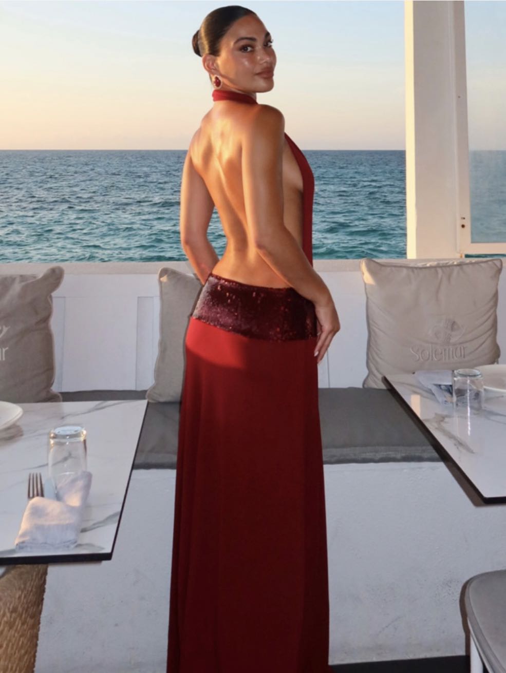 Red Halter Sequin Waist Evening Dress