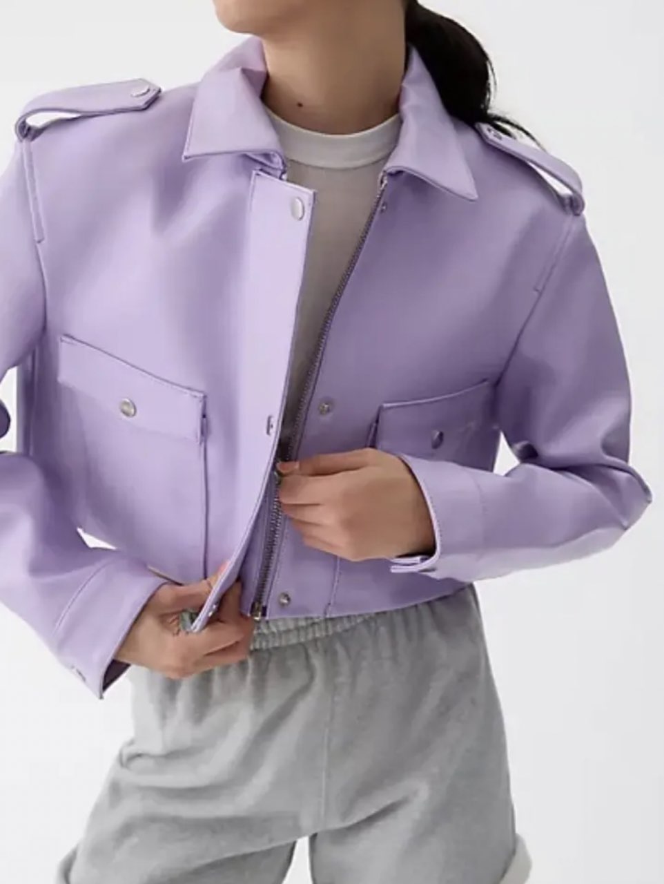 Lavender Cropped Faux Leather Jacket