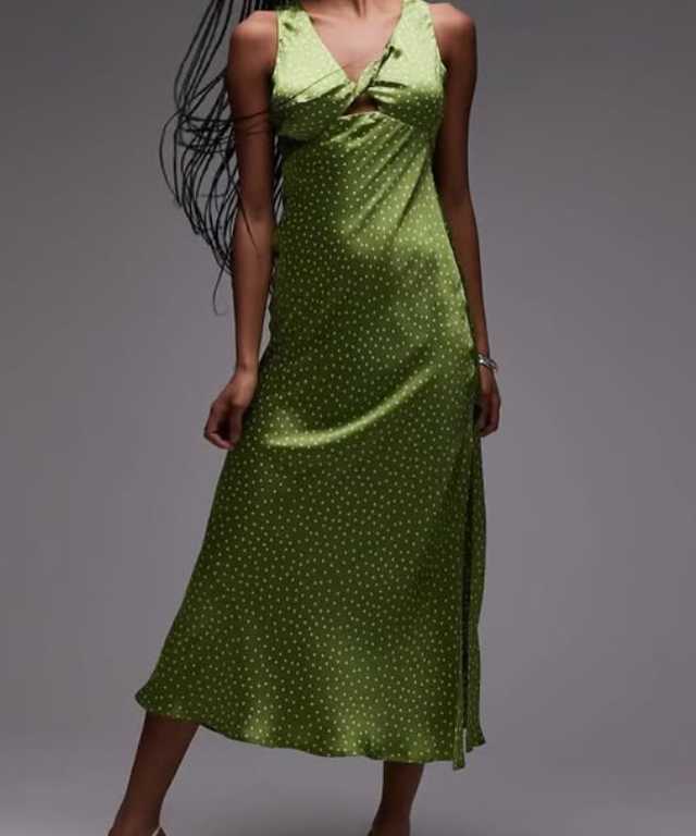 Green Polka Dot Satin Midi Dress