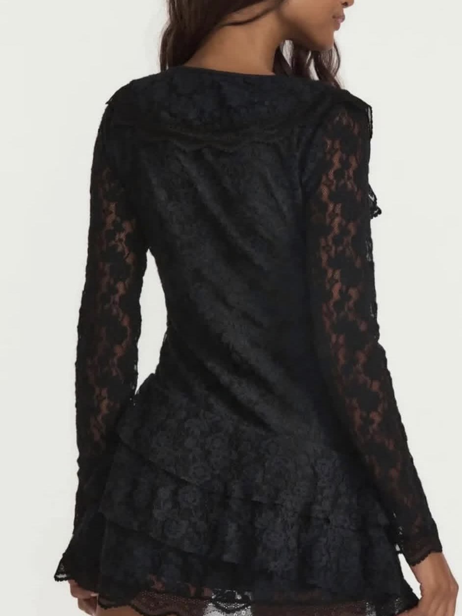 Black Lace Ruffle Mini Dress