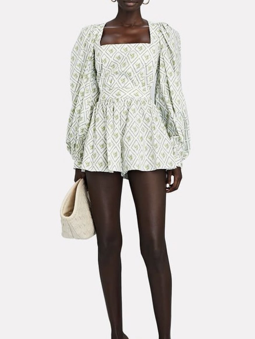 Green Diamond Print Square Neck Romper