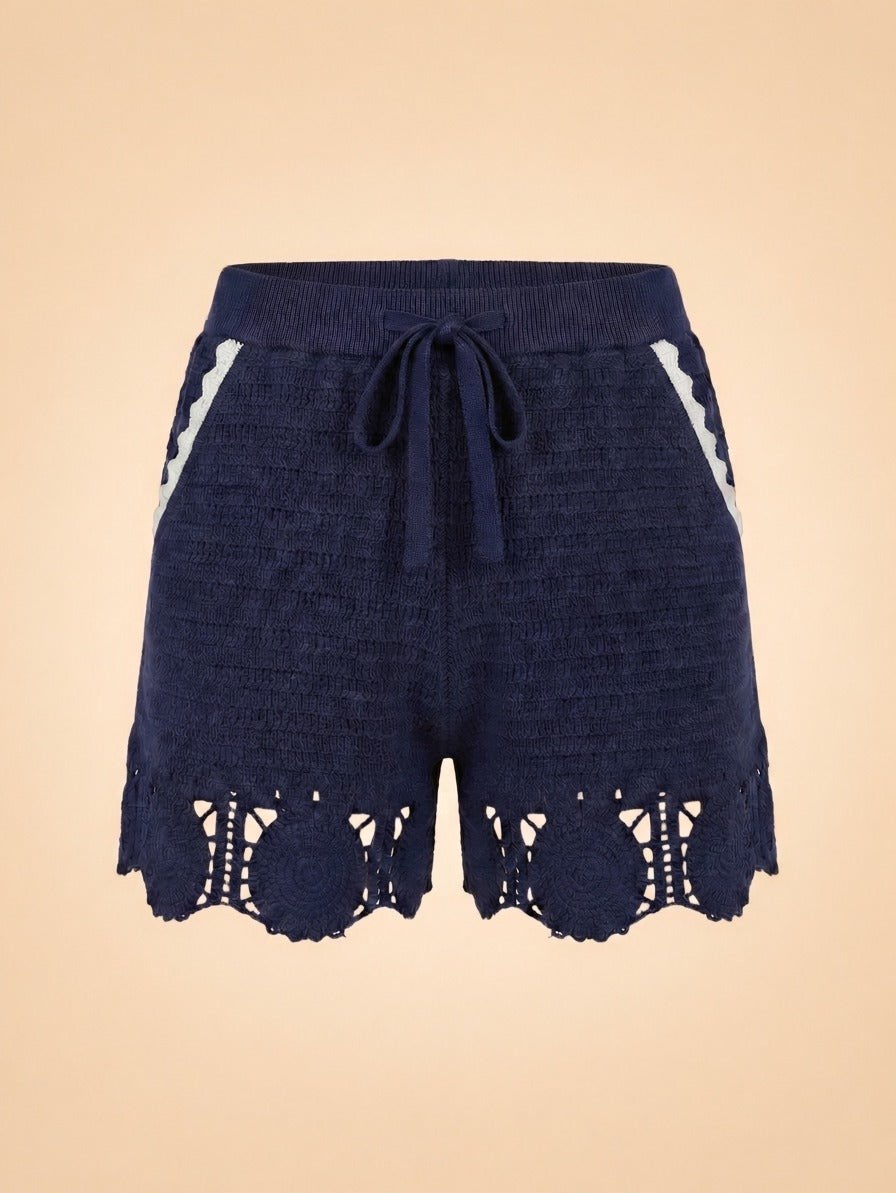 Navy Crochet Knit Drawstring Shorts