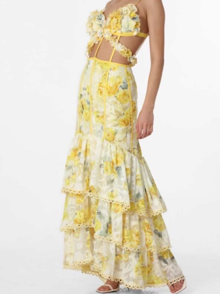 Menti Santorini Yellow Roses Maxi Dress