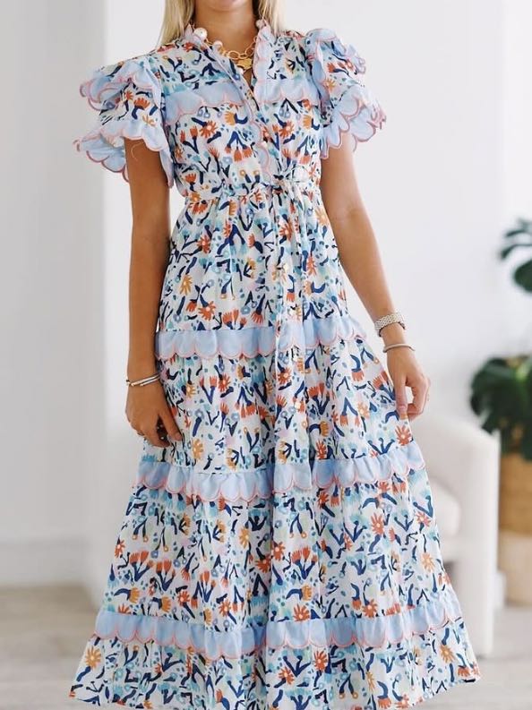 Celia Block-Print Maxi Dress-Blue Multi - Small