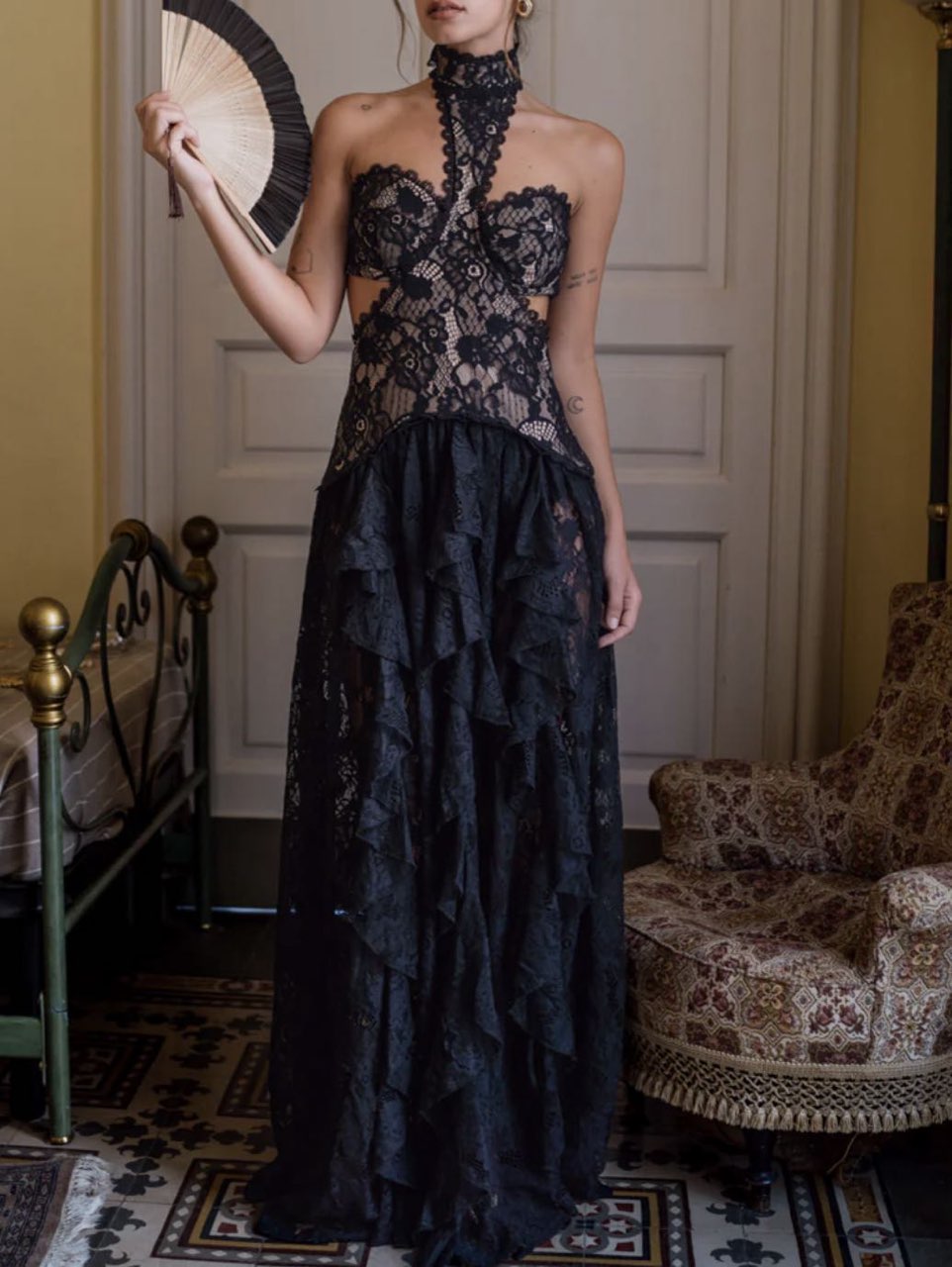 Princesa Black Lace Drop Waist Maxi Dress