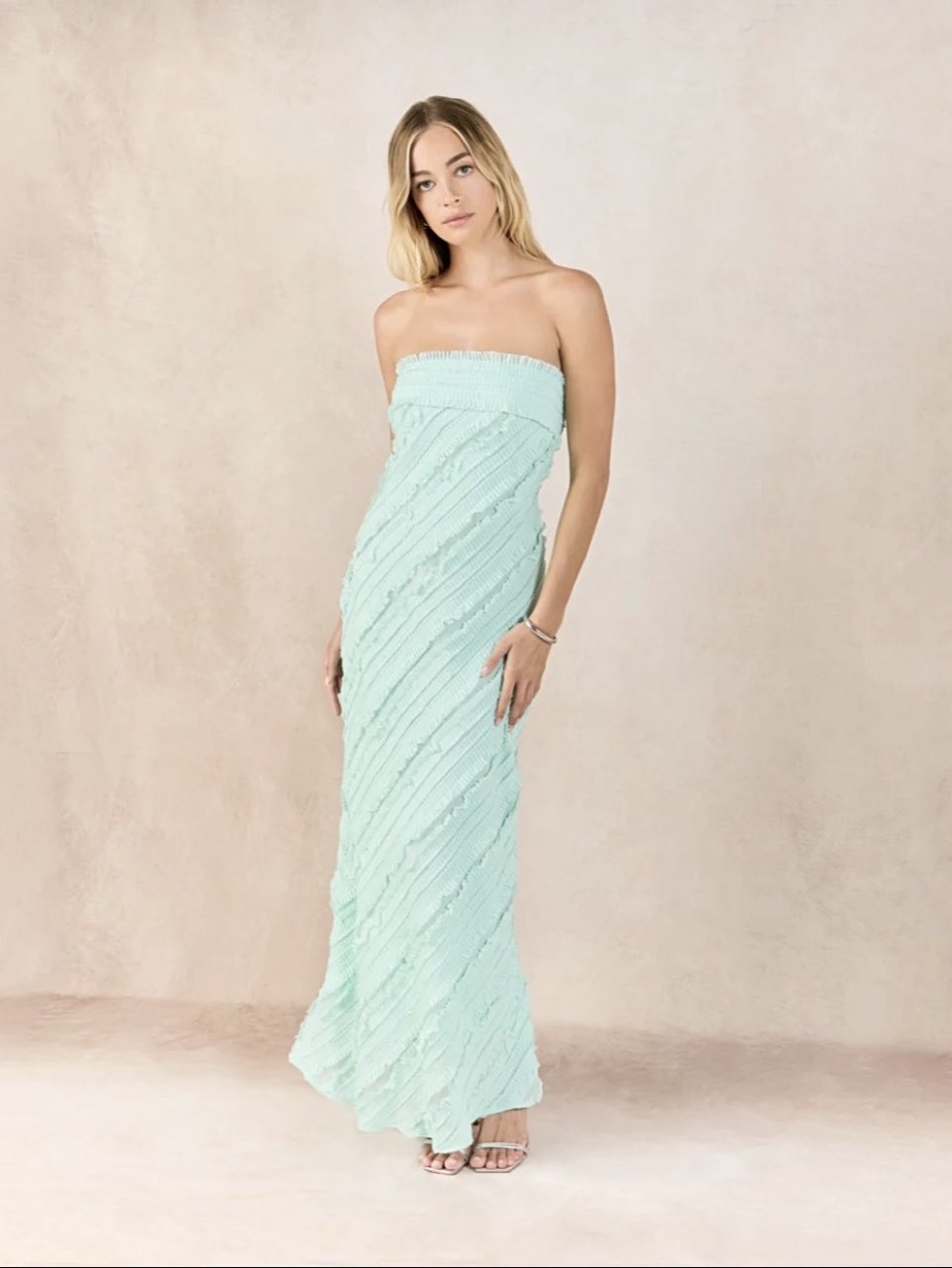 Mint Green Ruffled Strapless Maxi Dress