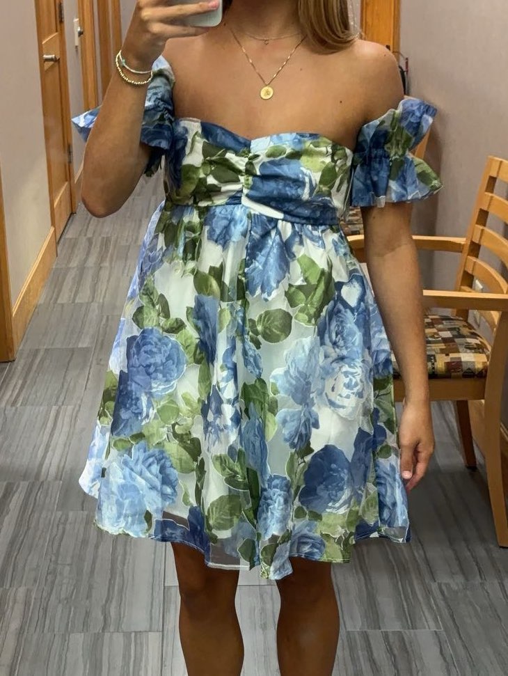 Blue Floral Off-Shoulder Mini Dress with Green Leaf Accents XS