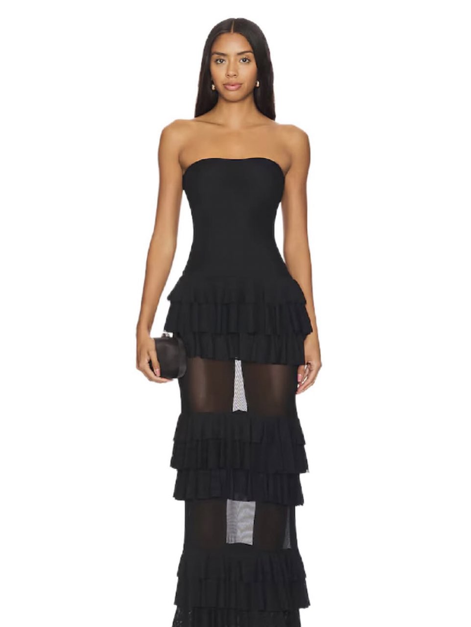 Black Strapless Ruffle Sheer Maxi Dress