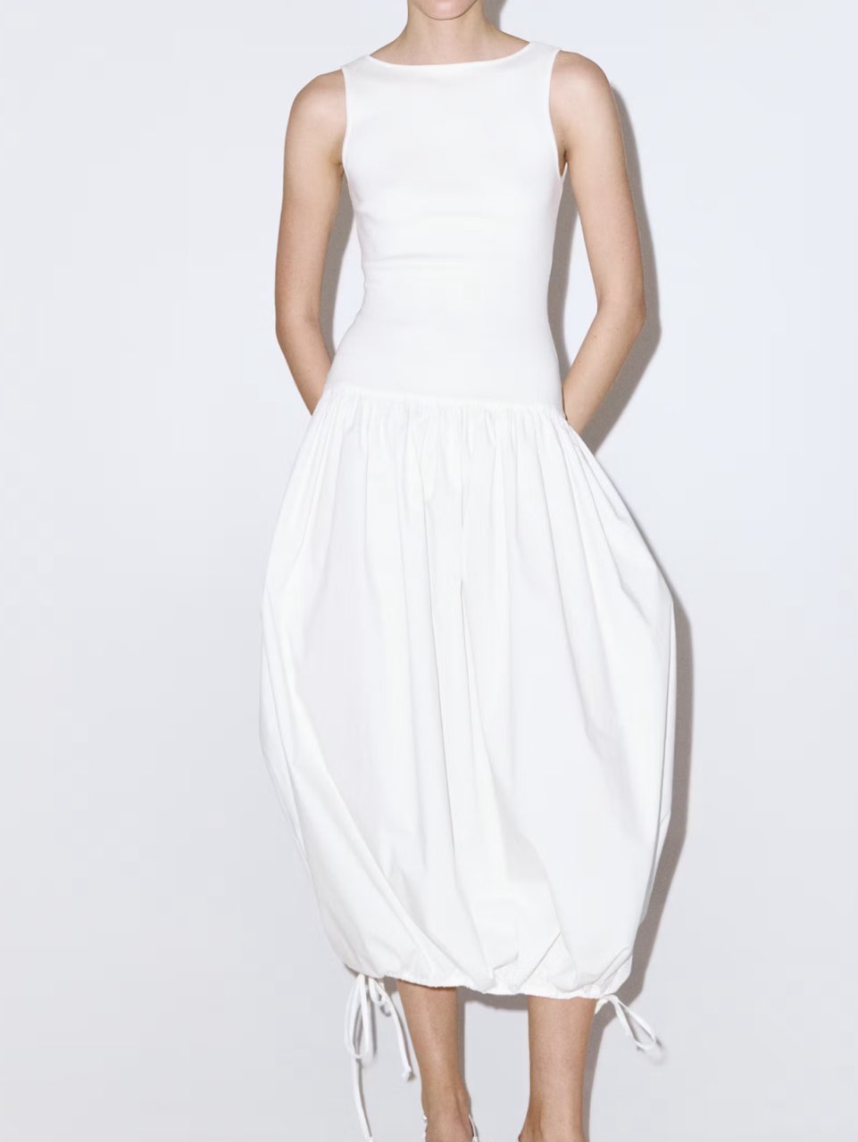 White Sleeveless Bubble Hem Midi Dress