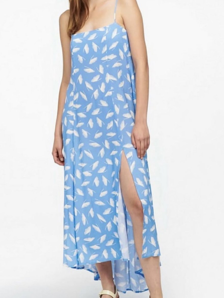 Blue Feather Print Slip Dress