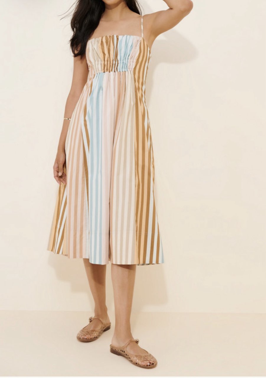 Anthropologie cotton ruched midi dress multi stripe