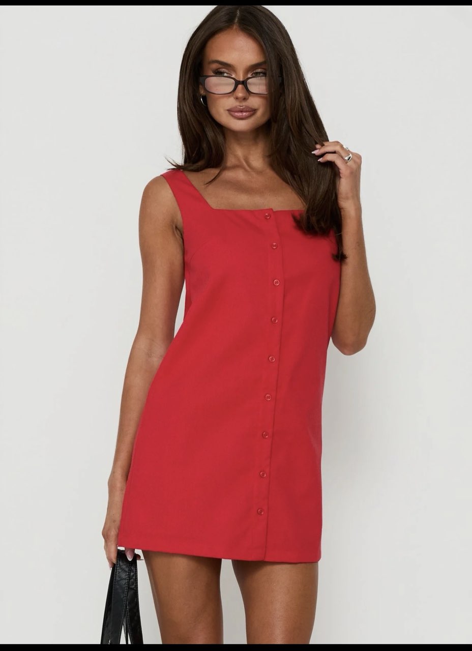 Red Square Neck Button-Front Mini Dress